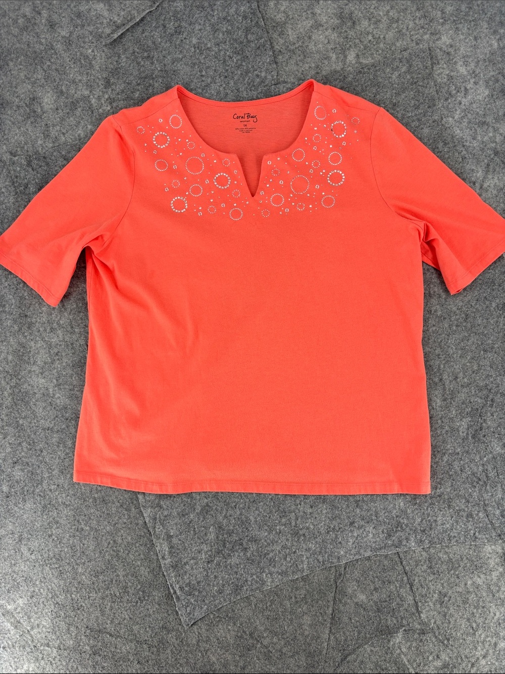 Coral Bay Coral Short-Sleeve Embellished Split-Neck Top